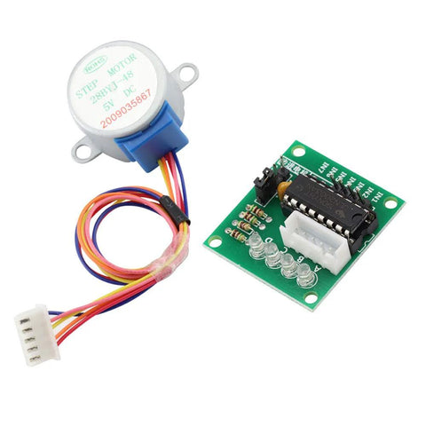 4-Phase 28BYJ-48 DC 5V stepper motor with ULN2003 driver board; multicolor wires and white 4-pin connector
