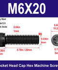Built Different M6x20mm Socket Head Cap Screws Grade 12.9 Alloy Steel Black Oxide Finish with hex drive specifications.