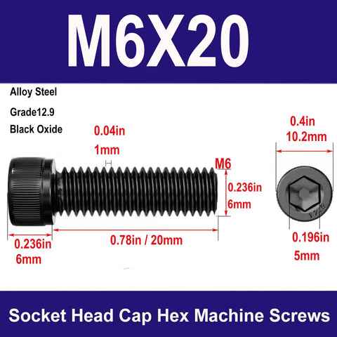 Built Different M6x20mm Socket Head Cap Screws Grade 12.9 Alloy Steel Black Oxide Finish with hex drive specifications.