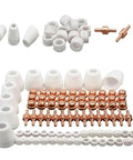 Ultimate 85 Pc Plasma Cutter Consumables Kit For Pt31 Lg40 Torch Cta And CT416 CT518D 40 Amp Machines, featuring ceramic nozzles and copper electrodes.
