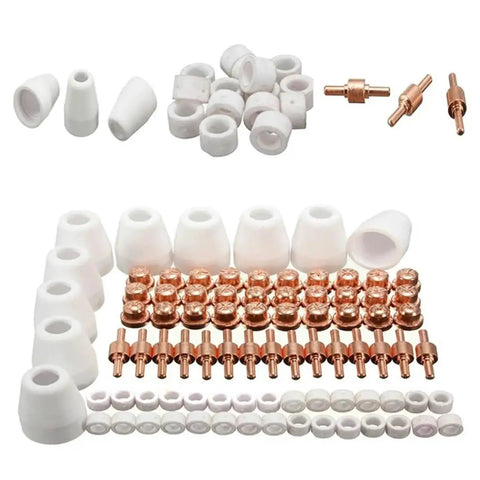 Ultimate 85 Pc Plasma Cutter Consumables Kit For Pt31 Lg40 Torch Cta And CT416 CT518D 40 Amp Machines, featuring ceramic nozzles and copper electrodes.