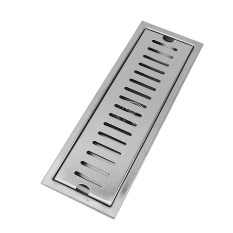 Oreilet Linear Shower Drain 12 Inch Floor Drain with Hair Catcher, stainless steel, rectangular design, top view.