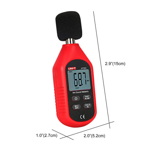 UT353 Decibel Meter Portable Digital Sound Level Meter 30 To 130 dB With Max Min Fast Slow Data Hold LCD Backlit Auto Power Off Lightweight Ergonomic Design For On The Go, 15cm red handheld device