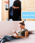 8 Pack Door And Window Alarm Sensor Set With 120dB Siren activated by intruder near door, woman sitting safely at home
