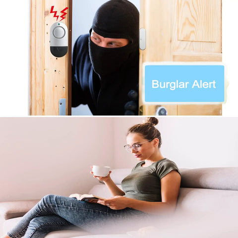 8 Pack Door And Window Alarm Sensor Set With 120dB Siren activated by intruder near door, woman sitting safely at home
