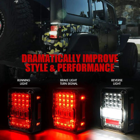 4D Smoked LED Tail Lights For 2007 To 2018 Jeep Wrangler JK JKU with running, brake, turn signal, and reverse lights, DOT approved