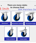 Superior Five Inch Medium Blue TPR Rubber Casters That Roll Smooth As Butter With Dead Silent Rolling Action And Heavy Duty 304 Stainless Steel Build For Fast Cart Work In Four Pack Stem Mount Sets Rated At 730 Lbs, showcasing directional and brake styles.