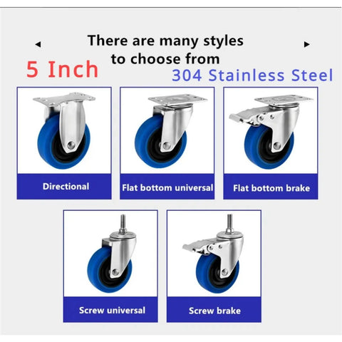 Superior Five Inch Medium Blue TPR Rubber Casters That Roll Smooth As Butter With Dead Silent Rolling Action And Heavy Duty 304 Stainless Steel Build For Fast Cart Work In Four Pack Stem Mount Sets Rated At 730 Lbs, showcasing directional and brake styles.