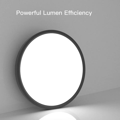 Slim 12 Inch 24W Flush Mount Round LED Ceiling Light Fixture Low Profile Daylight White Black Close To Ceiling Design For Bedrooms Living Room Kitchen Non Dimmable glowing against grey wall