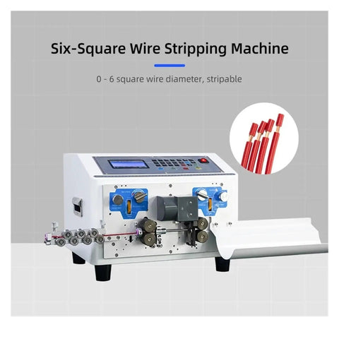 Heavy Duty Automatic Electric Wire Stripper And Cutter Machine Strips Cuts Together Handles Sheathed Cables Point One To Six Millimeter Gauge, featuring multiple function controls.