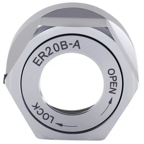 Front view of ER20B-A Hex Collet Chuck Nut Rock-Solid Balance To G2.5 At 18000 RPM For CNC Machining Hardened Alloy Steel