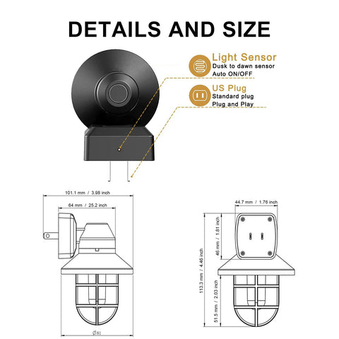 Diagram of Six Pack Rustic Farmhouse Night Lights Plug In Dusk To Dawn 2700K Warm White With Vintage Black Cage showing dimensions