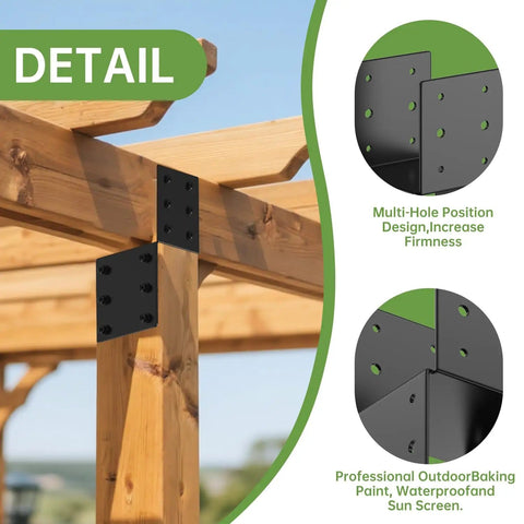 4 Pack Heavy Duty Post Brackets Tie In Beam Supports For 4x4 Posts To Beams High Carbon Steel Black Powder Coated Finish Rust Resistant Gazebo Deck Porch Post To Beam Anchors For Wood Beams Support installed view of brackets on wooden structure with detail circles of black powder finish.