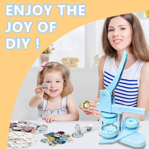 Light blue 58mm button maker machine with lever; DIY badge press kit with circle cutter and parts on a table.