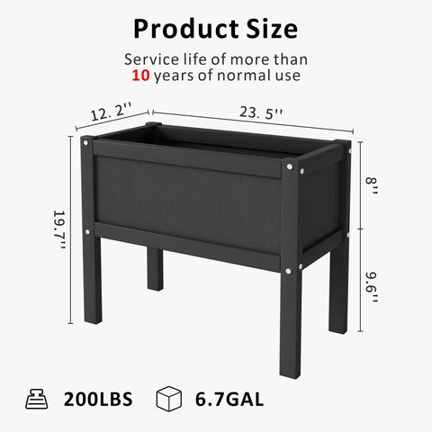 Raised Garden Bed With Drainage Hole Waterproof HDPE Elevated Planter Box With Legs Tough As Nails For Herbs Vegetables And Flowers Perfect For Patio Balcony Outdoors Or Indoors Black, dimensions listed