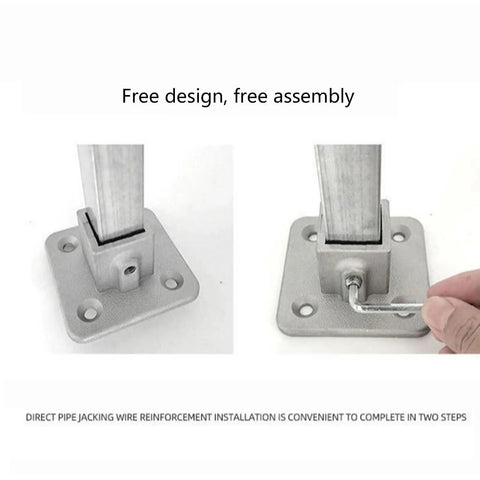 Heavy Duty Three Way Elbow Pipe Connector For Industrial Shelving And Fence Rails Made Of Super Strong Aluminum Alloy For Solid DIY Storage Build assembly steps with pipe and connector.