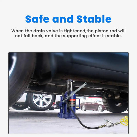 20 Ton Air Hydraulic Bottle Jack for Auto and Truck Repair lifting a vehicle, showing manual lever and stable support.