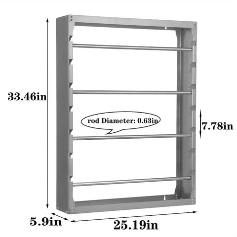 Dimensions of Heavy-Duty Wire Spool Rack Wall Mount With Four Adjustable 5/8 Inch Rods, Cold-Rolled Steel Construction, Gray