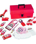 Pro Grade Lockout Tagout Group Kit For Electrical Lockouts With Ultra Durable Carrying Case OSHA Compliant Safety System Includes Padlocks Hasps Devices And Easy On The Job Organization For Industrial Teams displayed with red case, locks, and tags.