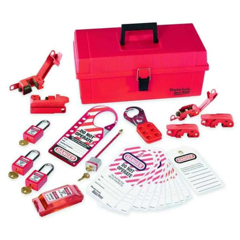 Pro Grade Lockout Tagout Group Kit For Electrical Lockouts With Ultra Durable Carrying Case OSHA Compliant Safety System Includes Padlocks Hasps Devices And Easy On The Job Organization For Industrial Teams displayed with red case, locks, and tags.