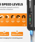 Lightweight Cordless Rotary Tool With Bright Led Halo And Fast Charge Battery Featuring Five Speeds At 28000 Rpm for speed control details.