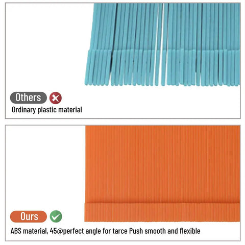 Comparison of contour gauge rulers in blue plastic and orange ABS, demonstrating product material quality and flexibility.