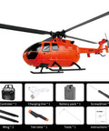 Orange 4 Channel RC Helicopter With Single Propeller No Ailerons 6 Axis Gyro Stabilization Altitude Hold shown with accessories