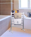 Two In One Multifunction Heated Towel Warmer And Fabric Dryer For Home And Bathroom in a modern bathroom setting