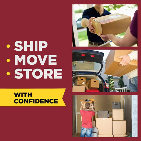 Secure Seal Packing Tape For Shipping And Moving, 1.88 Inch Wide By 54.6 Yard Long, 6 Pack, images of boxes being shipped, moved, and stored