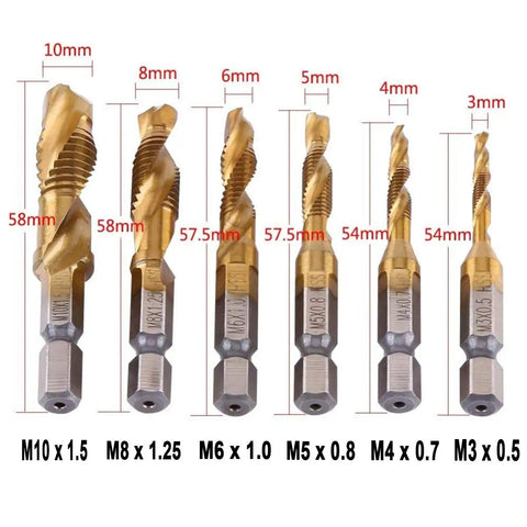 Six Piece Titanium Drill And Tap Bit Set With Center Punch Tool, One Quarter Inch Hex Shank HSS SAE Screw Tapping Bits For Drilling Tapping And Countersinking, Works From M3 To M10