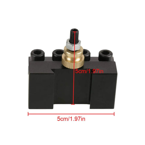Badass Slick Quick Change Mini Lathe Tool Post Holder measuring 5x5cm with brass fitting for compact lathes.