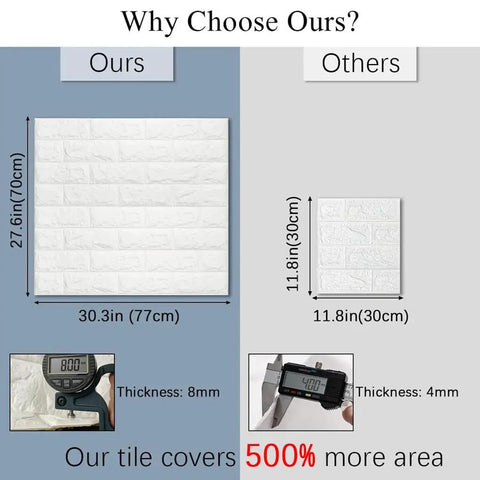 Comparison of self adhesive 3D foam faux brick wall panels, showing larger size and thickness versus competitor’s smaller tiles.