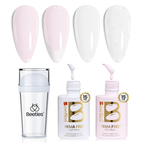 French Tip Gel Polish Peach Mousse 15ml Kit With French Tip Stamp, HEMA-Free White And Light Pink Gels, bottles and stamp