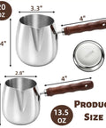 Two Size Turkish Coffee Pot And Milk Warmer Set In 13.5 Oz And 20 Oz, 18 By 8 Stainless Steel With Wooden Handle, side view