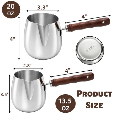 Two Size Turkish Coffee Pot And Milk Warmer Set In 13.5 Oz And 20 Oz, 18 By 8 Stainless Steel With Wooden Handle, side view