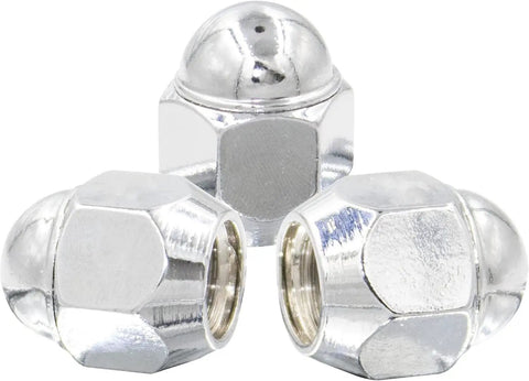 Close-up of OEM Style Lug Nuts 20 Pcs M12x1.25 12x1.25 Thread Chrome Finish 1.2 Inch Long 3/4 Inch 19mm Hex Conical Seat