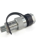 Side view of AKSPARE 3/8 NPT hydraulic quick coupler; knurled silver metal body with black end and dust cap