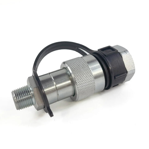 Side view of AKSPARE 3/8 NPT hydraulic quick coupler; knurled silver metal body with black end and dust cap