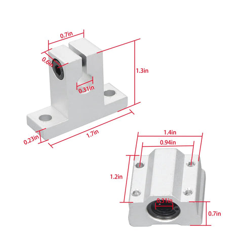 Two Piece 8mm By 800mm Linear Motion Rod Guide Kit SK8 aluminum rail supports with dimensions.