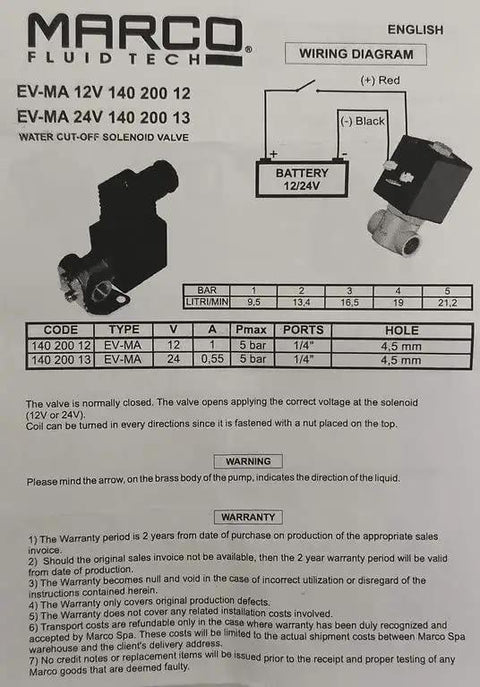 Heavy Duty 24 Volt Electric Solenoid Valve For Boat Freshwater Systems Featuring Solid Brass Construction And Quarter Inch Ports wiring diagram and specifications