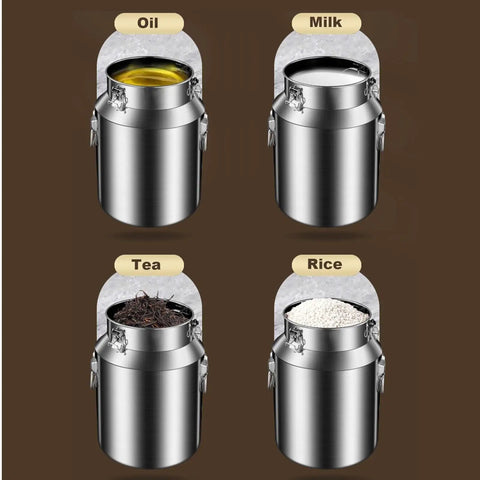 Heavy Duty 304 Stainless Steel Milk Can And Beverage Dispenser Built Tough With Airtight Seal For Bulk Grains Coffee And Liquids That Keeps The Goods Fresh No Stress Guaranteed with milk, oil, tea, and rice.