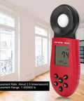 Lux Meter Handheld Light Meter For Indoor Lighting Plants Photography And Home Office Use Accurate Illuminance Tester In Lux And Foot Candles Portable Battery Powered Easy To Use On The Go Budget Friendly. Red ABS HS1010 handheld light meter in a bright room, showing 74 lux.