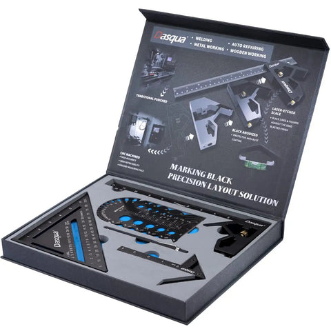 Open box display of Pro Grade 5 Piece Black Marking Layout Tool Set for Precision Work CNC Machined with Laser Engraved Scale.