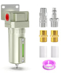 Slick 3/4 Inch NPT Aluminum Air Compressor Moisture Filter With Desiccant Drying System And 5 Micron Cartridge installed with fittings.