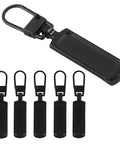 Six Pack Zipper Pull Replacement Kit Universal Zipper Tags Cord Pulls For Purses Jackets Backpacks Boots Coats Suitcases Jeans Dresses Zipper Slider Handle Mend Kit Black, showing six black zipper pulls in zinc alloy material.