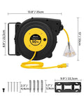 Heavy Duty Retractable Extension Cord Reel 50 Feet Long With Rugged 14 AWG Wiring and Three Bright Lighted Outlets shown with dimensions