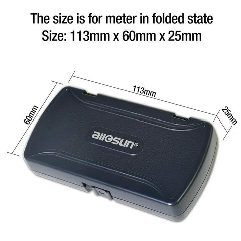 Auto Ranging Pocket Digital Multimeter case, 113mm x 60mm x 25mm, black plastic, closed view, travel meter for DC and AC voltage