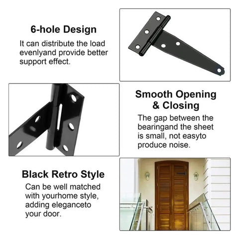 Heavy Duty Adjustable Door Hinges 10 Piece Set T Triangle Black Hardware with 6-hole design and smooth operation.