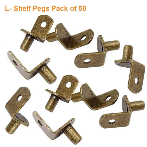 Rock Solid Quarter Inch Shelf Support Pegs For Cabinet Pins And Closet Organizers L Shaped Heavy Duty Brackets Built Tough With Zero Sagging Knockout Kitchen Hardware Replacement Fifty Pack Bundle, showing 50 metal shelf pegs.