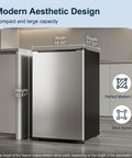 Spare Your Square Footage 3.2 Cubic Foot Upright Freezer In Classic Silver dimensions shown in kitchen setting with width, height, and depth indicated.